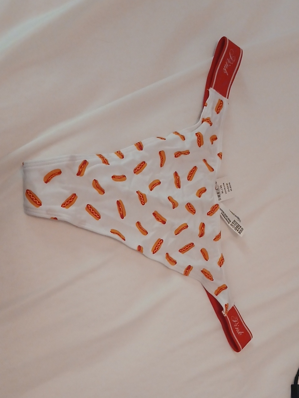 PINK Victoria's Secret White Hot Dog Print Thong with Red Waistband
